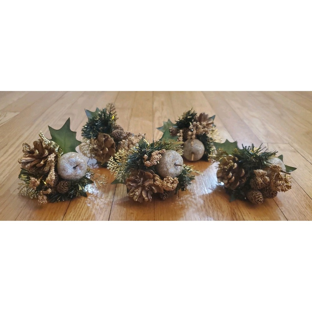 Artificial Pine Stem Fake Pine Cone Sugared Fruit Apple Gold Details Floral Pick